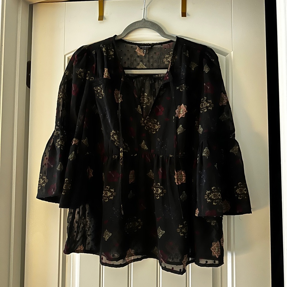 Lucky Brand Black Sheer Floral Peasant Blouse